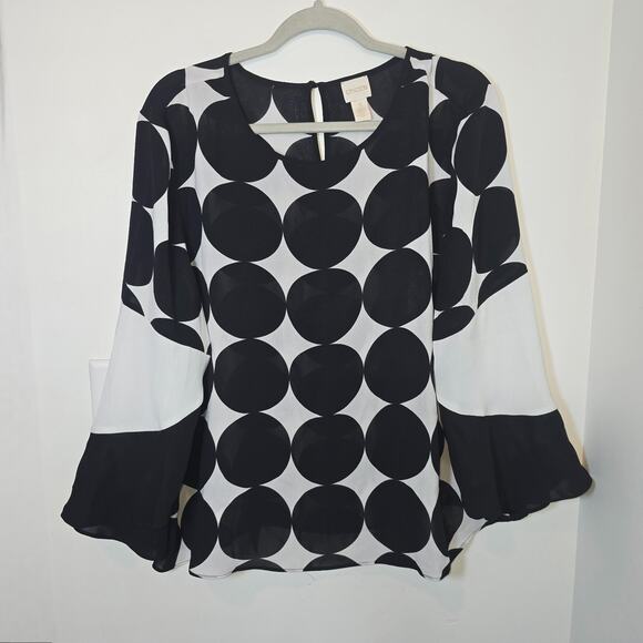 Chicos Polka Dot Ruffle Sleeve Blouse Size XL Black White Geometric Top - Picture 1 of 9